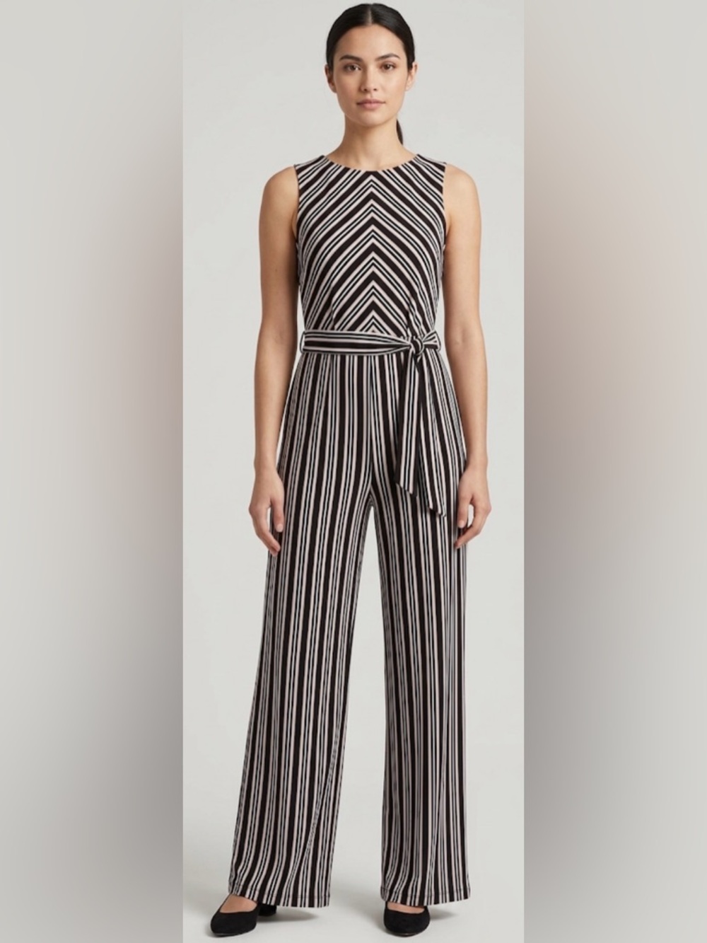 Du Jour Black & Mauve Striped Sleeveless Jumpsuit w Tie Waist Size Medium